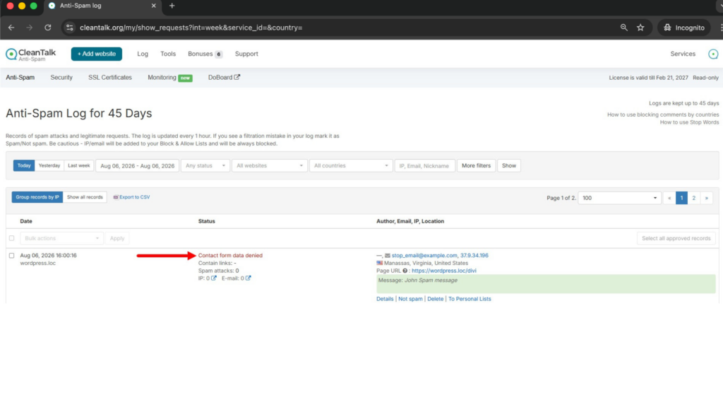 Screenshot: Forbidden, sender blacklisted