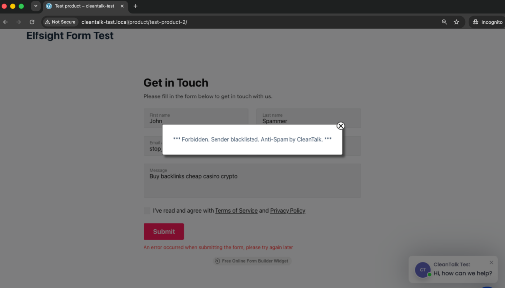 If you see this message, it means CleanTalk successfully protects your Elfsight Form Builder forms from spam.