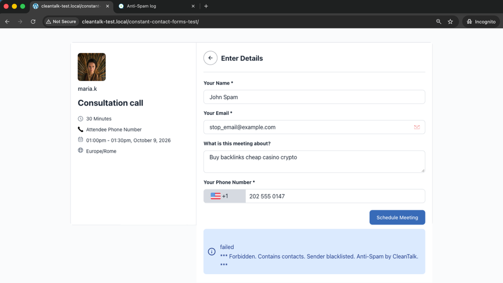 Screenshot: Forbidden, sender blacklisted - FluentBooking booking blocked by CleanTalk before the meeting was scheduled.